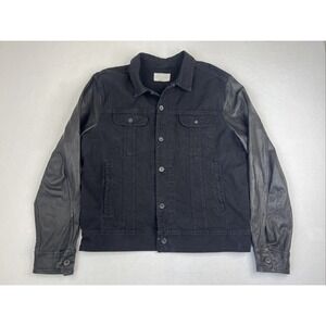 Rag & Bone Denim Jacket Mens XL Black Lambskin Leather Sleeves Trucker Biker